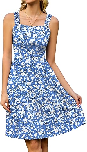 StylSense Sommerkleid Damen Knielang Ärmelloses Blumenkleid mit Quadrat-Ausschnitt Casual Strandkleid mit Taschen für Strand Urlaub